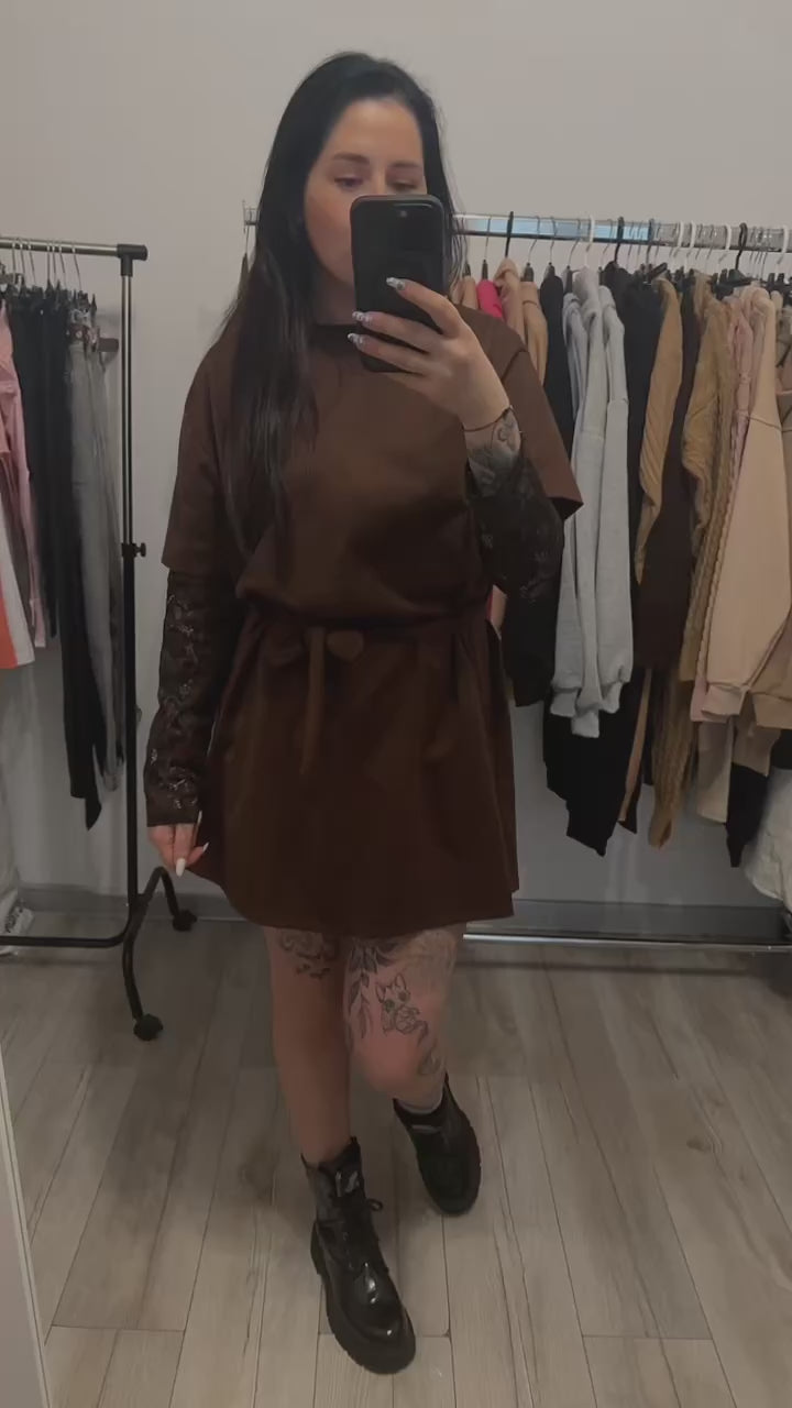 Sukienka oversize rękaw koronka z paskiem